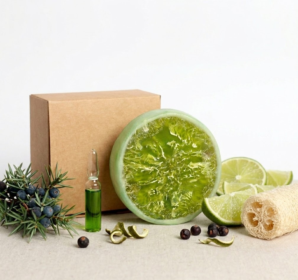 Мило-мочалка з люфою лайм та ялівець Мило-мочалка з люфою лайм та ялівець